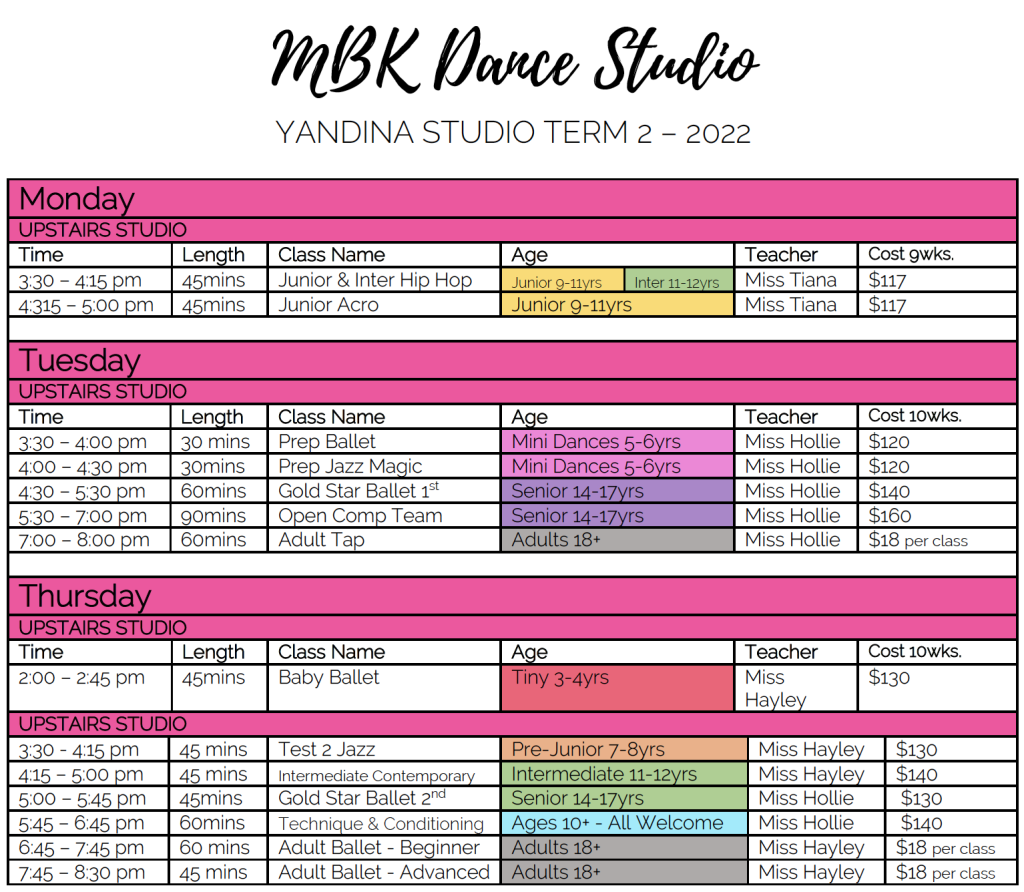 Yandina Dance Timetable